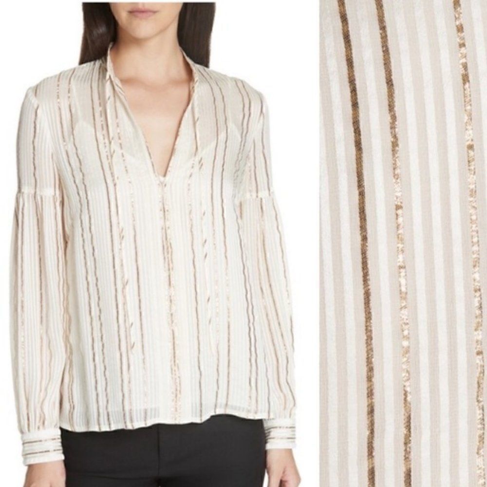 White Gold Metallic Silk Blend Top Blouse 6